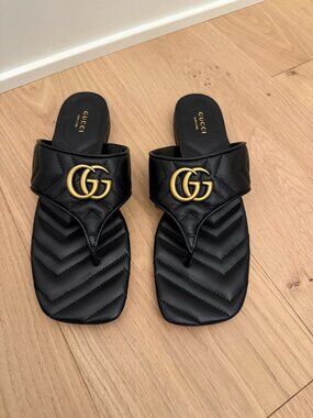 Gucci Marmont GG Padded Chevron Matelasse Leather Thong Flat Sandals Shoes 39